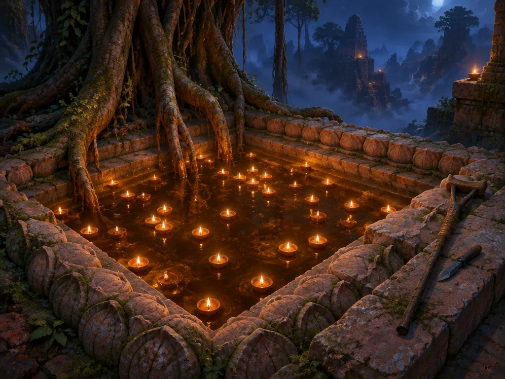 Lamp Pool: kolam teratai cekung dari batu pasir berisi getah amber, puluhan lampu minyak kecil mengapung, pahat dan tongkat bersandar di anak tangga.
