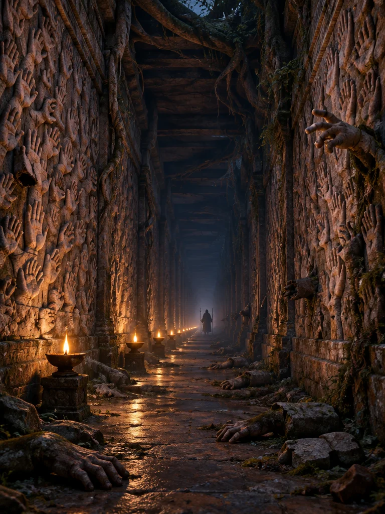 Gallery of a Thousand Hands: lorong galeri panjang yang dindingnya dipahat tangan-tangan batu, deretan lampu minyak menuju ujung gelap.