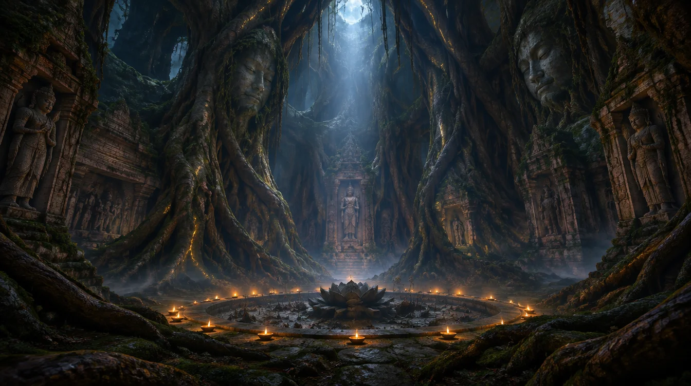 The Heartwood: rongga batang beringin raksasa yang menelan dinding kuil dan wajah batu, seberkas cahaya bulan jatuh ke kolam teratai kering yang dikelilingi lampu minyak.