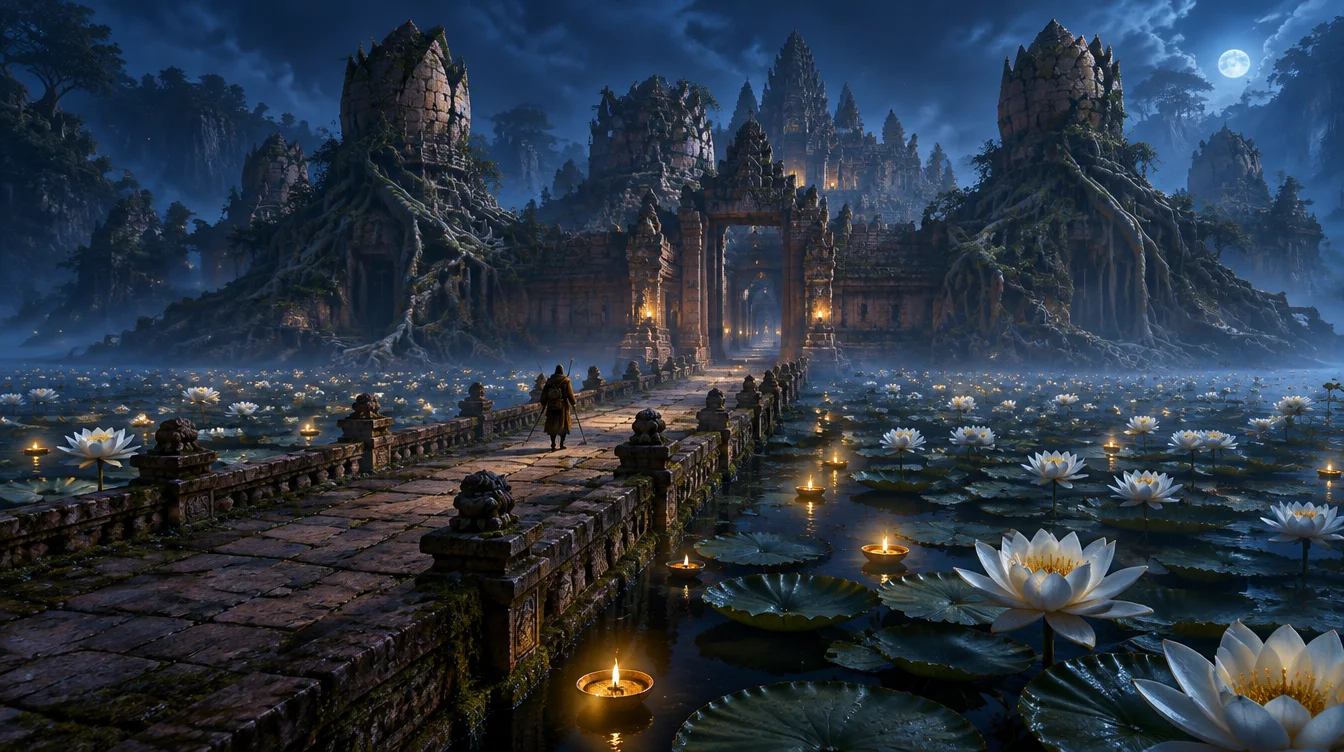 The Moat of Lilies: parit kuil penuh lili air putih saat malam, jalan lintas berpagar batu menuju gerbang kota, lampu minyak mengapung di antara lili.