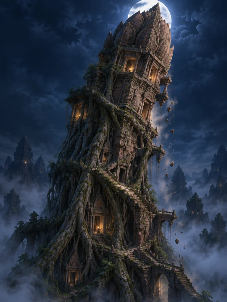 The Leaning Prasat: menara batu pasir berkuncup teratai yang dililit akar beringin raksasa di bawah bulan.
